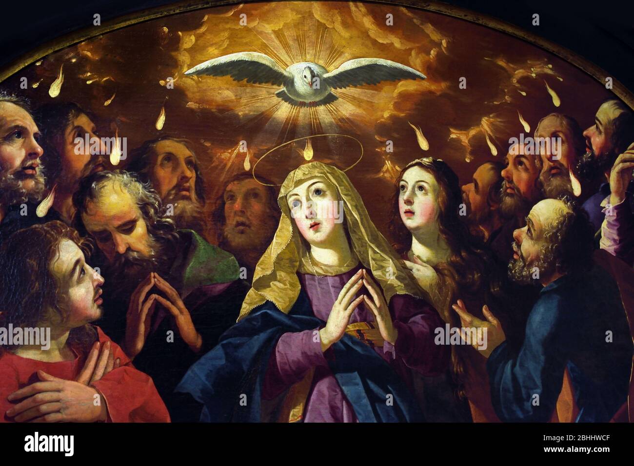 Pentecostes - Pentecost 1650-1660 Josefa d` Obidos - Josefa de Ayala Cabreira 1630-1684  Se de Coimbra Portugal,Portuguese, ( The Christian holiday of Pentecost, which is celebrated on the seventh Sunday (49 days) after Easter, commemorates the descent of the Holy Spirit upon the Apostles and other followers of Jesus Christ while they were in Jerusalem celebrating the Feast of Weeks, as described in the Acts of the Apostles (Acts 2:1–31). Some Christians believe this event represents the birth of the Catholic Church. ) Stock Photo